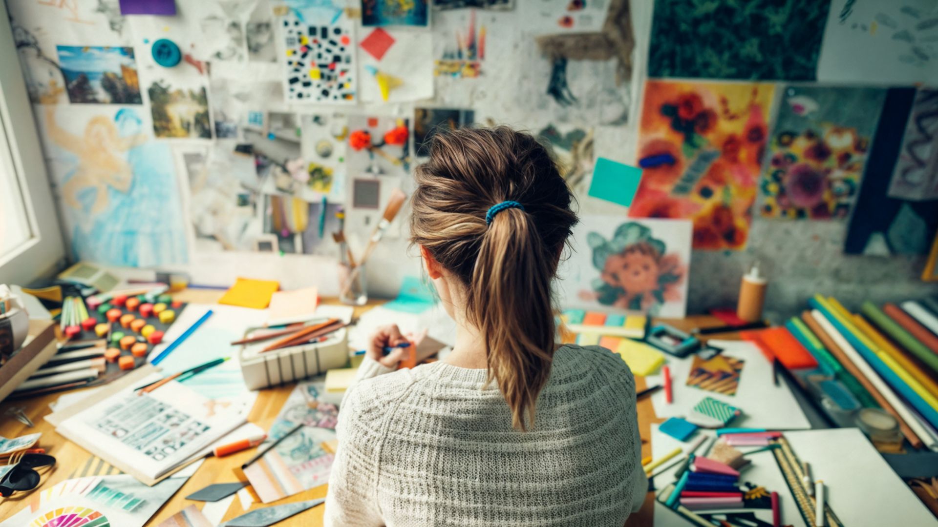 Designer working in creative studio with colorful inspiration board