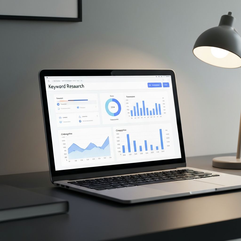 Laptop displaying keyword research dashboard with analytics and data visualizations